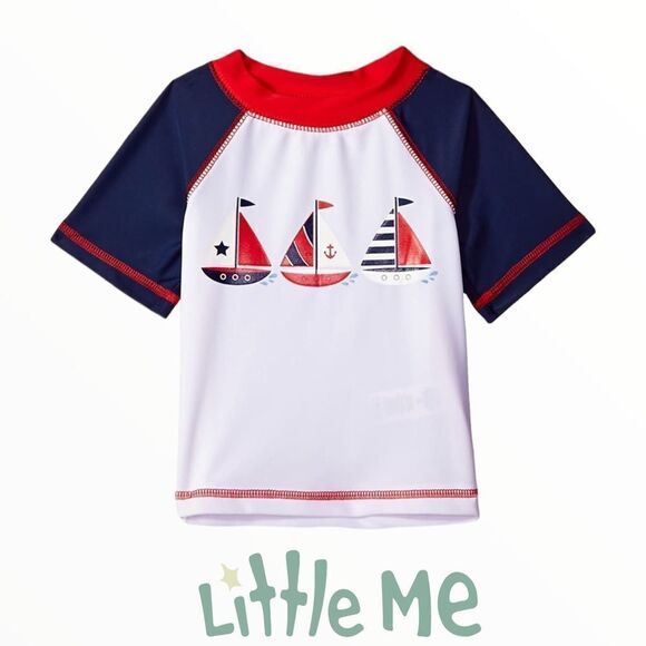 LITTLE ME | Red & Navy | UPF 50+ Short Sleeve Rashguard Swim Shirt - Picture 1 of 2
